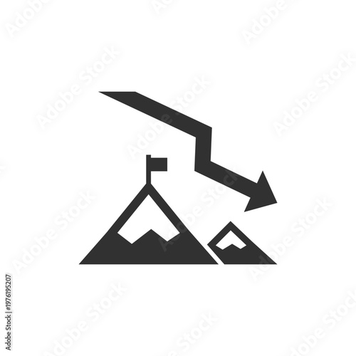 Downward arrow to mountain with flag icon. Goal failure and missed achievement. Monochrome black and white symbol
