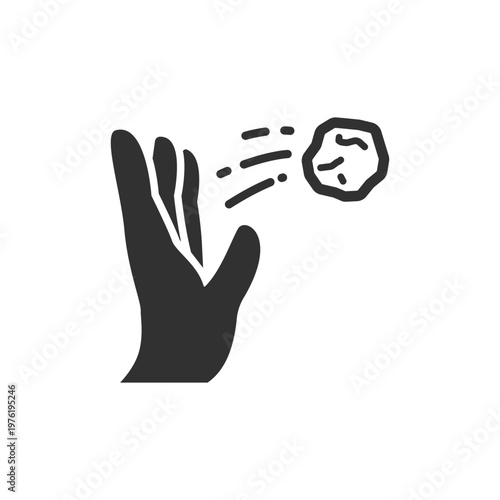 Hand throwing stone icon. Aggression and violent action. Monochrome black and white symbol