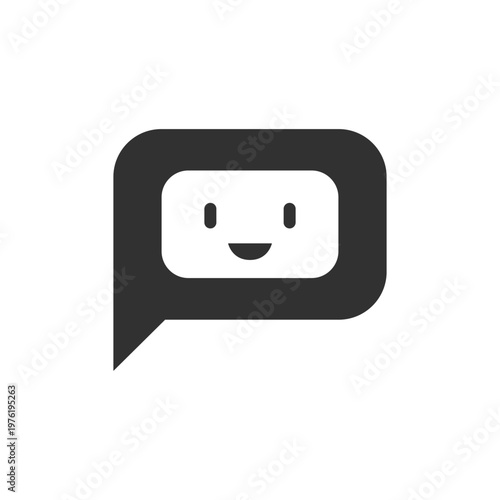 Message bubble with robot face icon. Chatbot communication and AI messaging. Monochrome black and white symbol