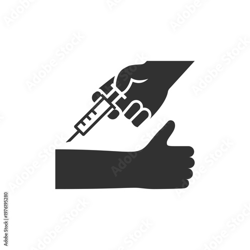 Injection in arm icon. Vaccination and medical treatment. Monochrome black and white symbol