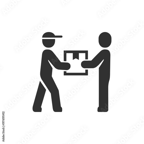 Two people holding box icon. Package handling and delivery service. Monochrome black and white symbol