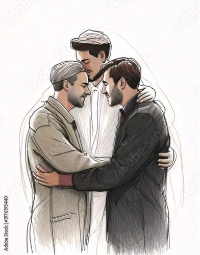 Three men embracing in a tender moment of connection and support.