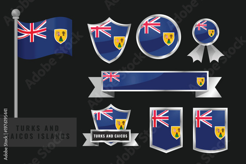 Professional set of Turks and Caicos flag emblems. Includes shields, badges, and icons in blue with the yellow shield. Ideal for patriotic, Caribbean, and British Territory designs.
