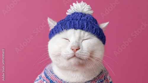 White cat in blue knitted hat and sweater on pink background