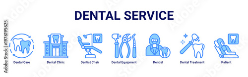 Dental Service web banner icon vector illustration with icons of Dental Care,Dental Clinic,Dentist Chair,Dental Equipment,Dentist,Dental Treatment and Patient