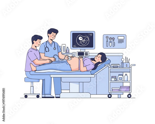 Prenatal ultrasound examination flat vector illustration. Expecting pregnant woman patient on bed getting sonogram scan by doctor and male nurse. Medical clinic room with fetus on monitor screen.