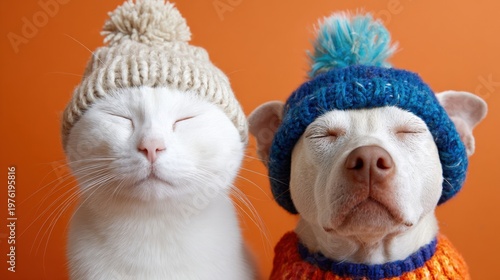 Cat and dog wearing colorful knitted hats against bright orange background
