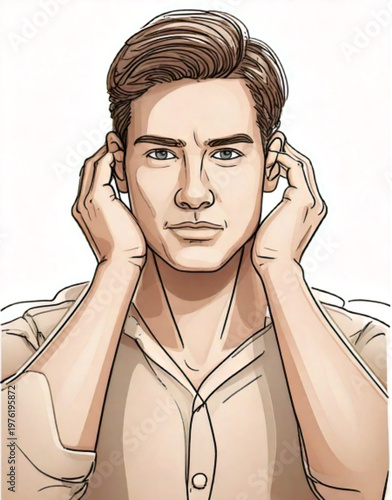 Man covering ears to block out noise or sound.