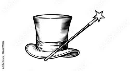 Magician hat and magic wand vector illustration, elegant illusion performance concept, isolated design