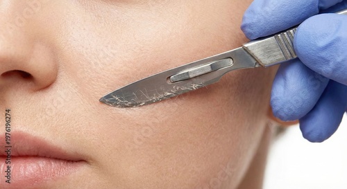 Dermaplaning treatment on woman's cheek with scalpel