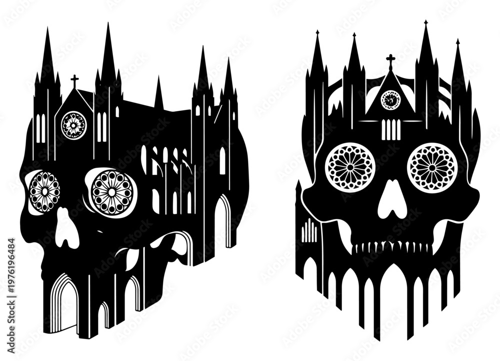 Φωτογραφία Gothic cathedral spires and rose windows forming skull shapes in architectural m