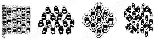 Repeating patterns of open screaming mouths in various geometric arrangements for expressive concept