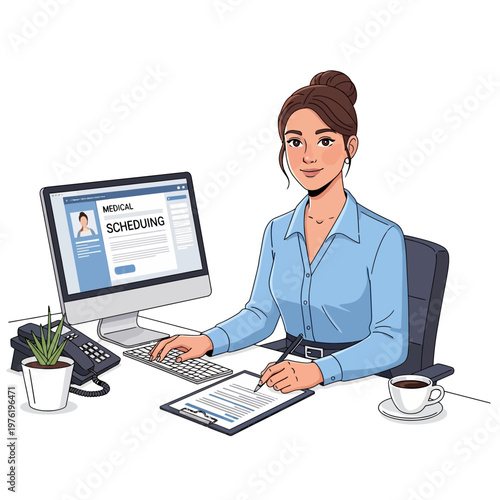 Medical Scheduler Working at Desk with Computer and Clipboard