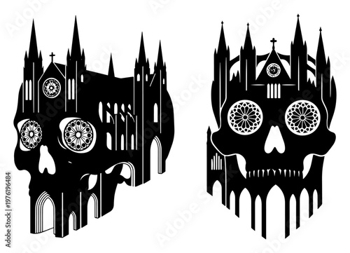 Bild auf Leinwand Gothic cathedral spires and rose windows forming skull shapes in architectural m