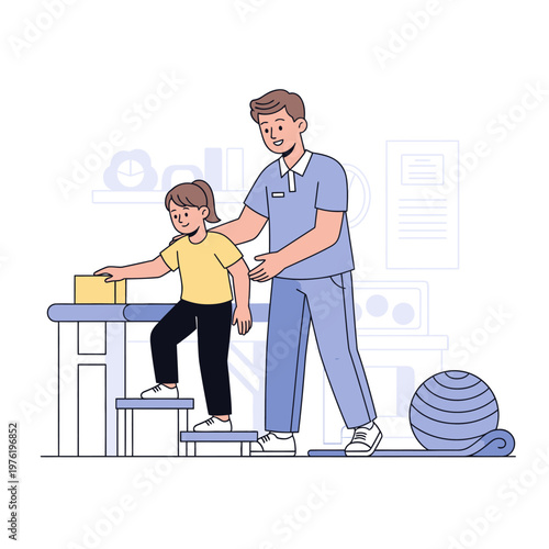 Physical therapist assisting child with rehabilitation exercises on steps