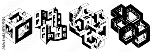 Impossible geometry structures with endless stairs and optical illusions in isometric minimalist style