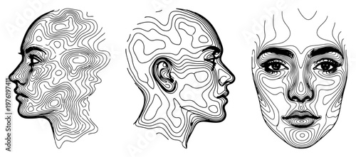 Human faces and heads formed by topographic contour lines in abstract monochrome line art style