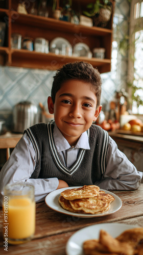 Smiling schoolboy at home table, conveying warmth, confidence, childhood charm, everyday learning, family comfort, and Back to School readiness.