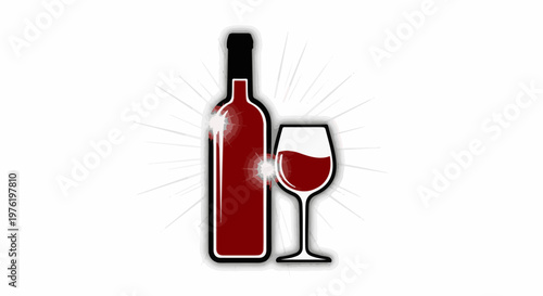 A stylized red wine bottle and glass stand on a white background