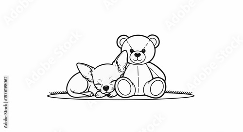 A tiny puppy sleeps soundly next to a large teddy bear on a grassy patch