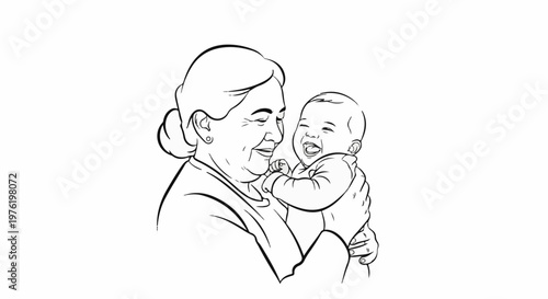 A tender line drawing captures a beaming grandmother holding her laughing infant