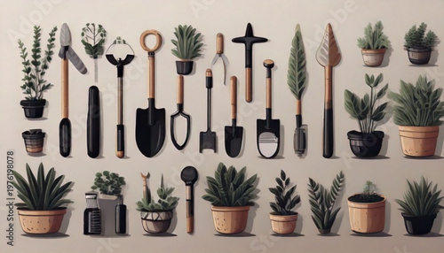 Collection of Gardening Tools and Potted Plants Arranged Neatly.