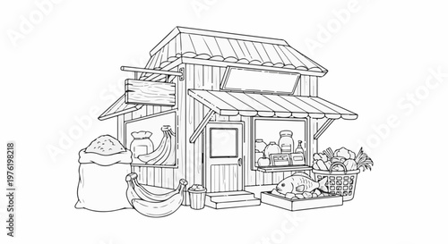 A line drawing of a small market stand with fresh produce and fish displayed