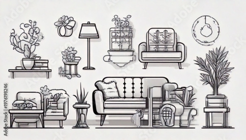Collection of hand-drawn furniture and potted plants.