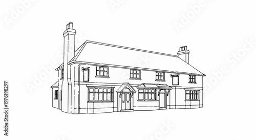 A line drawing of a two-story detached house with two chimneys and dormer windows
