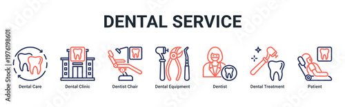 Dental Service web banner icon vector illustration with icons of Dental Care,Dental Clinic,Dentist Chair,Dental Equipment,Dentist,Dental Treatment and Patient