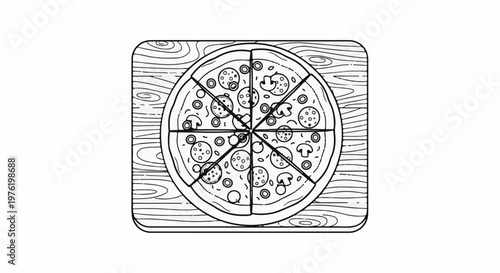 A line drawing of a whole pizza with pepperoni and mushrooms on a wooden board
