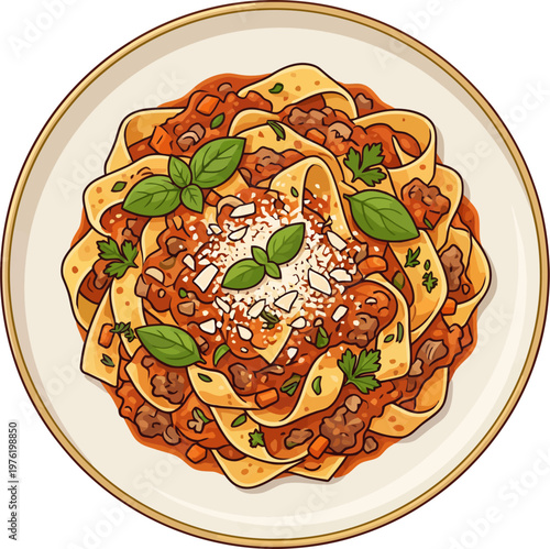 A delicious plate of pasta with rich tomato sauce and fresh basil on a white plate