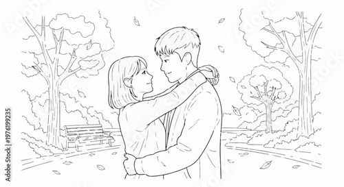 A loving couple embraces in a park setting with autumn leaves falling around them