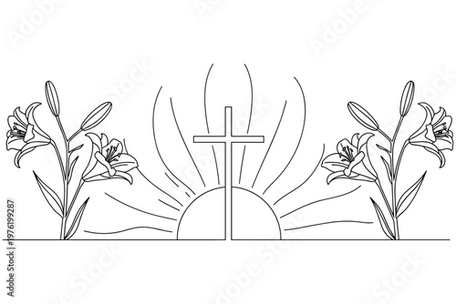 Elegant line art illustration of a spiritual cross rising with the sun, surrounded by serene lily flowers, symbolizing hope, renewal, and faith