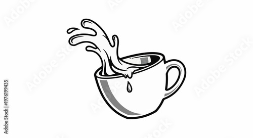 A white cup with a handle overflows with splashing liquid