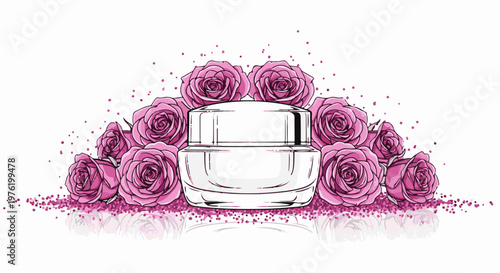 A white jar of cream surrounded by pink roses and scattered glitter