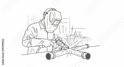 A welder in protective gear sparks bright light while joining metal pipes