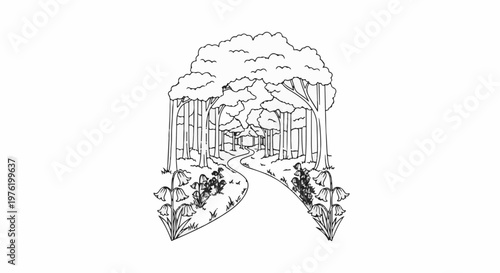 A winding path leads into a serene forest with tall trees and flowers