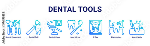 Dental Tools web banner icon vector illustration with icons of Dental Equipment,Dental Drill,Dentist Chair,Hand Mirror,X Ray,Diagnostics and Anesthesia