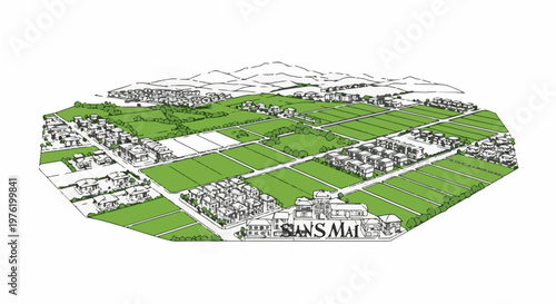 Aerial sketch of a developing town with housing, fields, and distant hills
