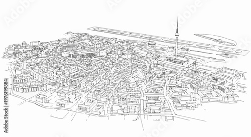 Aerial sketch of dense urban cityscape with prominent broadcast tower and airport