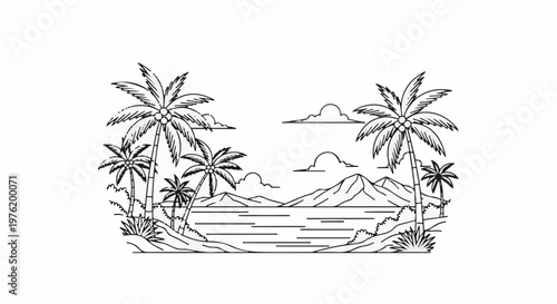 A simple line drawing depicts a tropical beach scene with palm trees and mountains