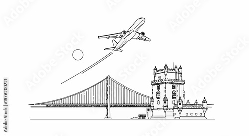 Airplane soars over iconic bridge and historic tower by the sea