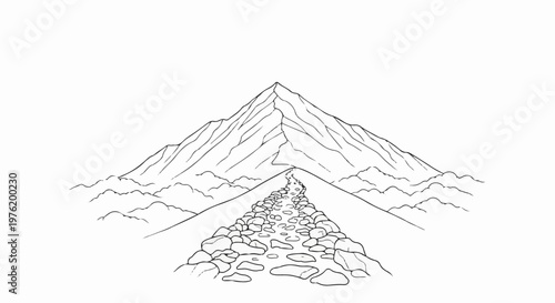 A winding stone path leads toward a majestic, snow-capped mountain peak