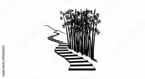 A winding stone path leads through a dense bamboo forest