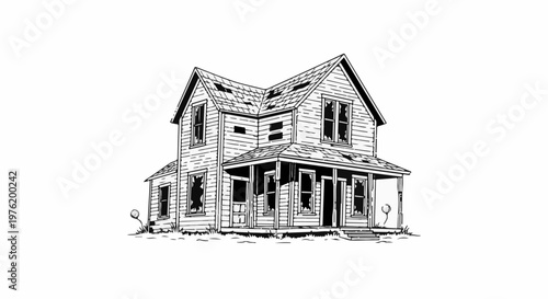 An abandoned two-story wooden house with broken windows and damaged roof