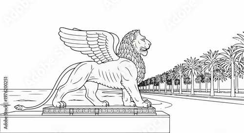 A winged lion statue stands on a pedestal next to a line of palm trees