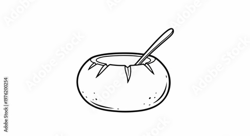 A simple line drawing of a bowl with a spoon inside, on a white background