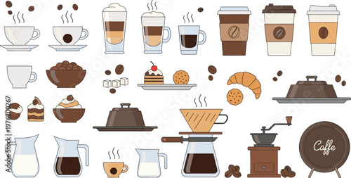 Coffee and Beverage Set with Cups, Espresso, Latte, Cappuccino, Cookies, Desserts, and Coffee Accessories for Cafes, Restaurants, and Food Illustrations
