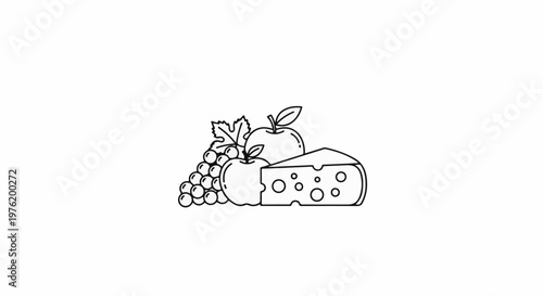 A simple line drawing of a bunch of grapes, two apples, and a wedge of cheese